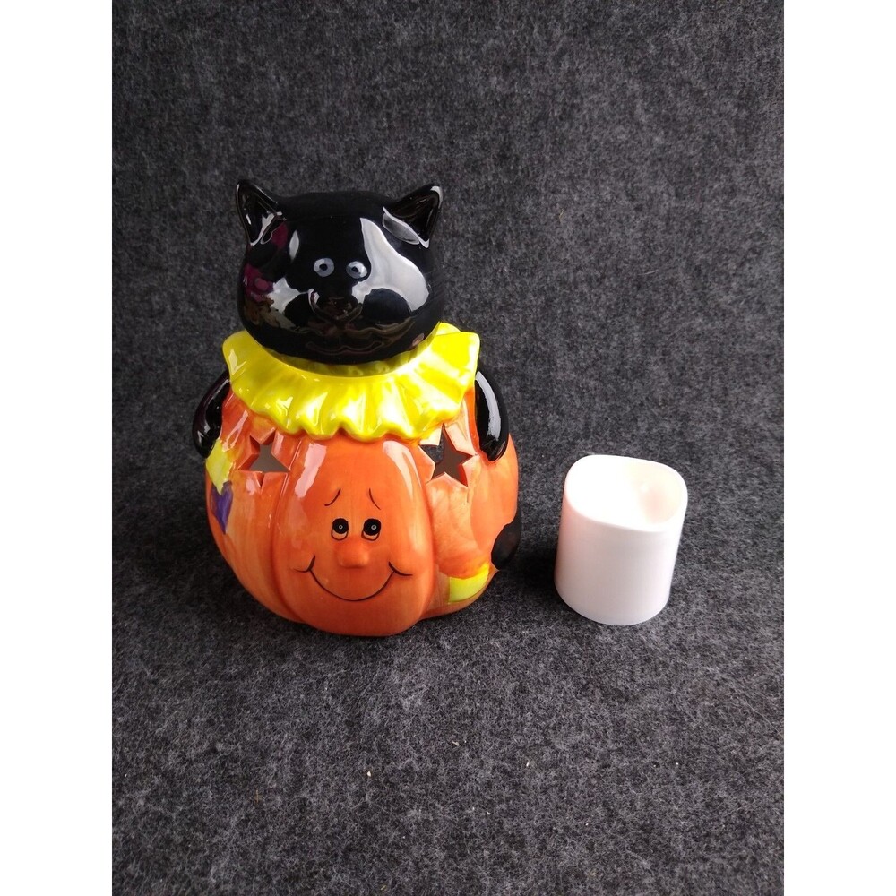 Halloween Black Cat Ceramic Figure Pumpkin Votive Tealight Candle Holder